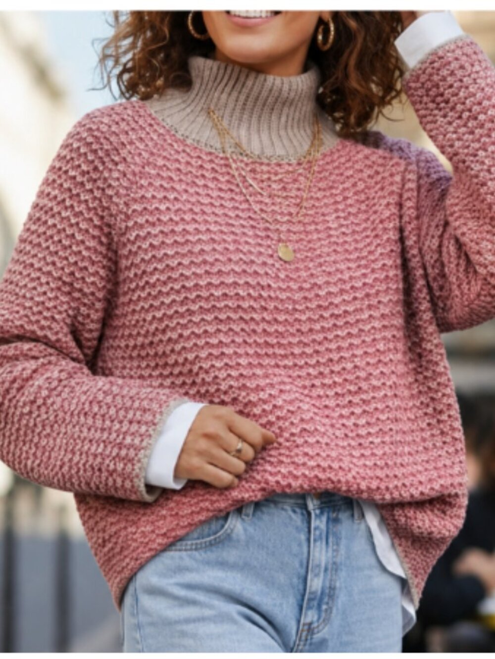 New NWOT Pink Beige Turtleneck Knit Loose Fit Sweater L-XL
